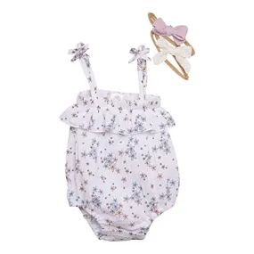 Romper & Headbands Set (White/Purple Floral)