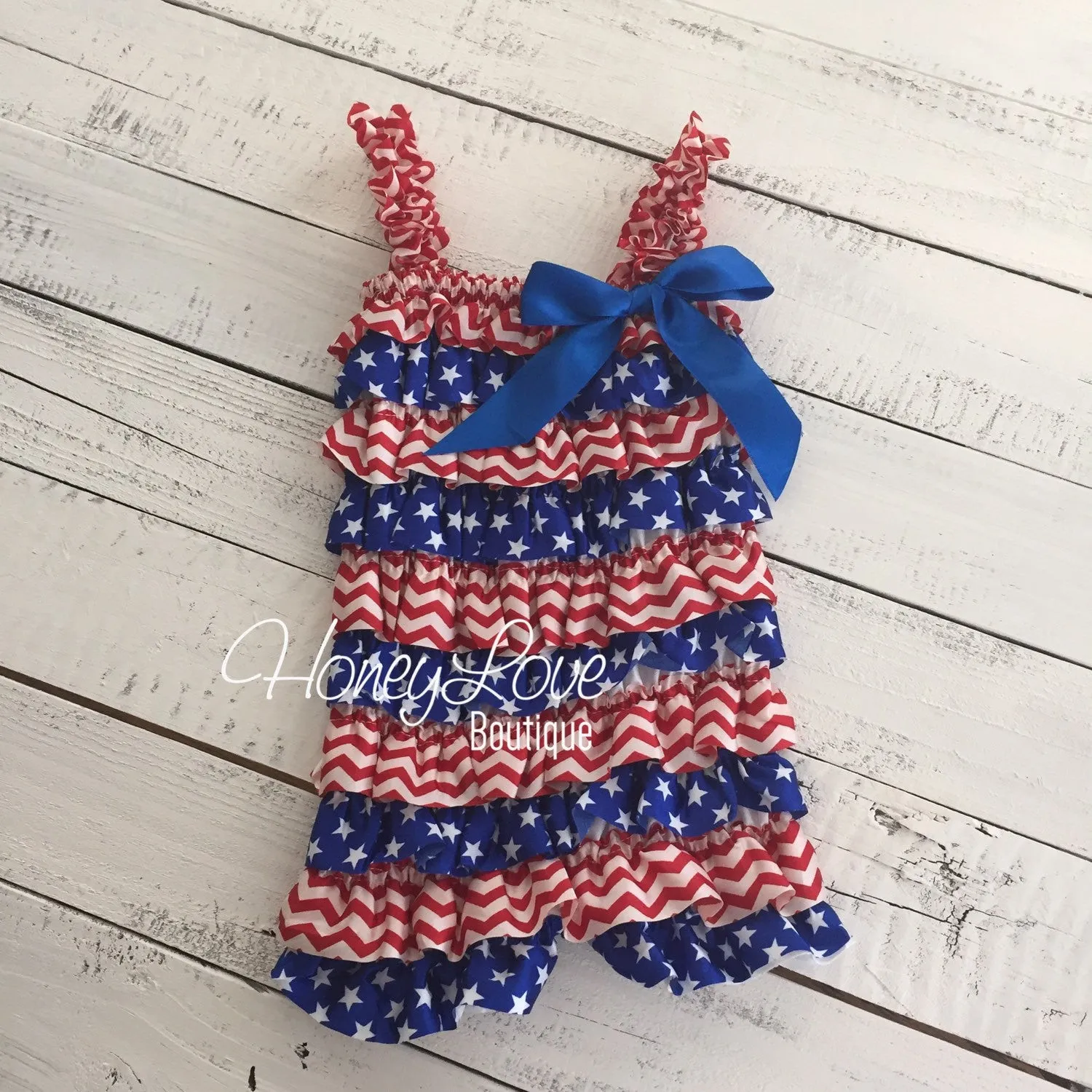 Satin & Lace Petti Romper - Patriotic, Stars - Red, White and Blue