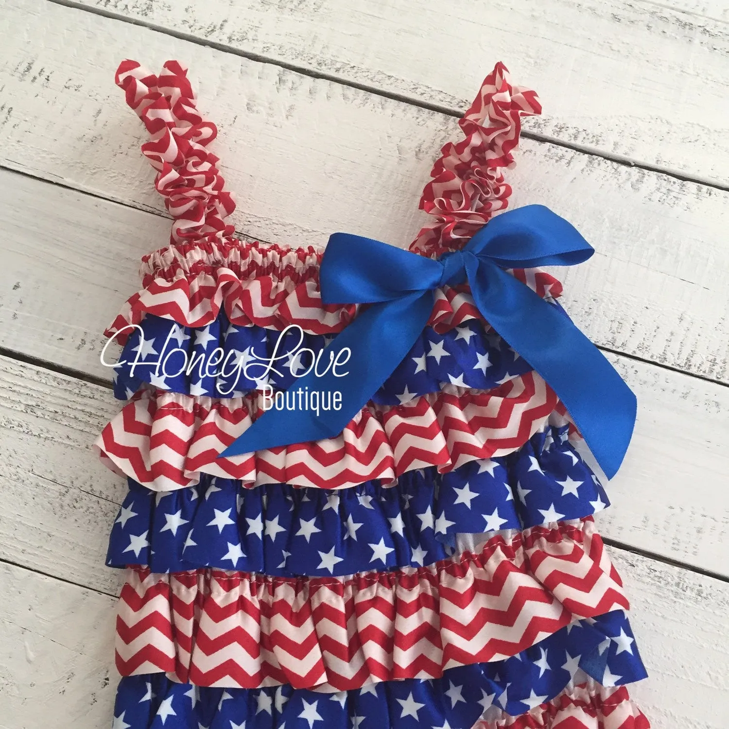 Satin & Lace Petti Romper - Patriotic, Stars - Red, White and Blue