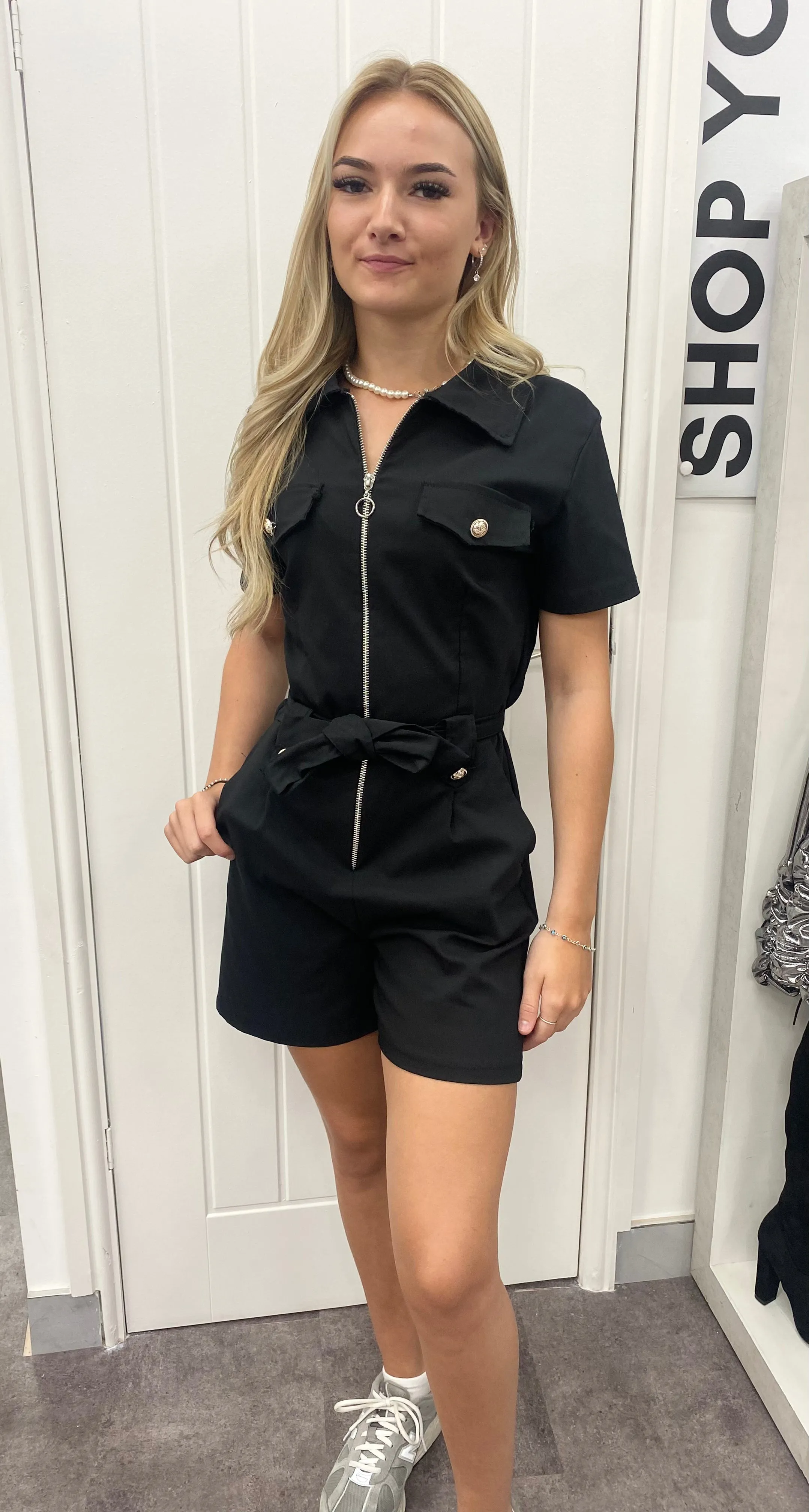 SELF BELT & ZIP UP DETAIL HALF SLEEVE STRETCH DENIM PLAYSUIT