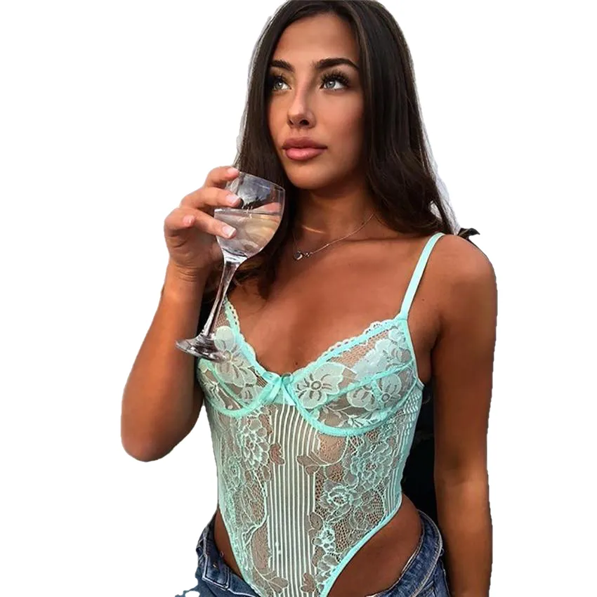 Sexy Floral Embroidery Hollow Out Bow Tie Sheer Lace Bodysuit For Women