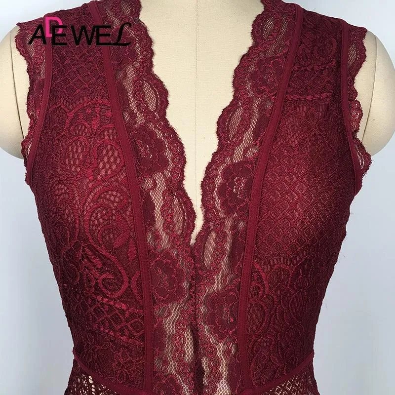 Sexy Ladies' Sleeveless V-neck Hollow-Out Lace Bodysuit