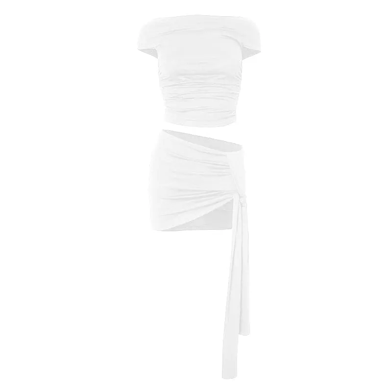 Short sleeve ruched ruffle mini skirt set