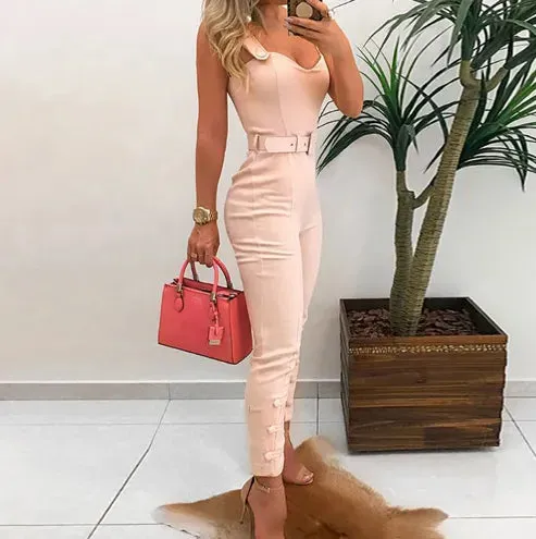 Sleek Sleeveless V-Neck Belted Jumpsuit