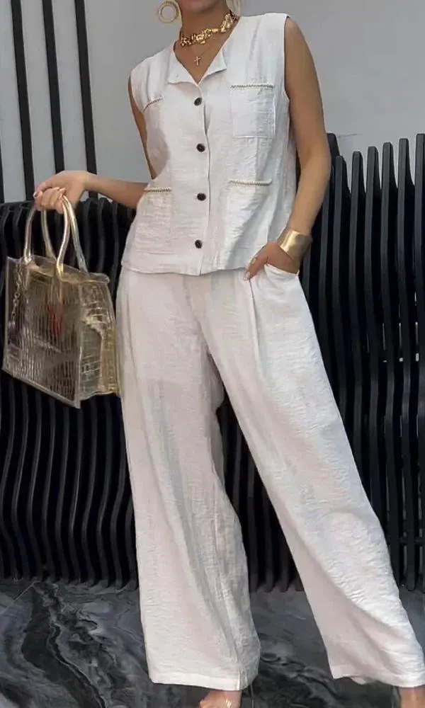 Sleeveless Button Up Top And Pants Set