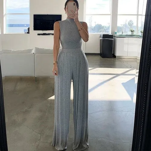 Sleeveless Casual Jumpsuit Elegant Pleated Loose Pants Set