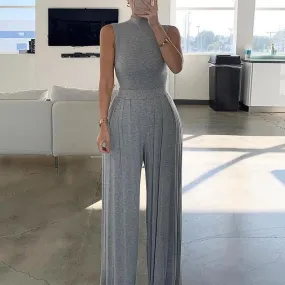 Sleeveless Casual Jumpsuit Elegant Pleated Loose Pants Set