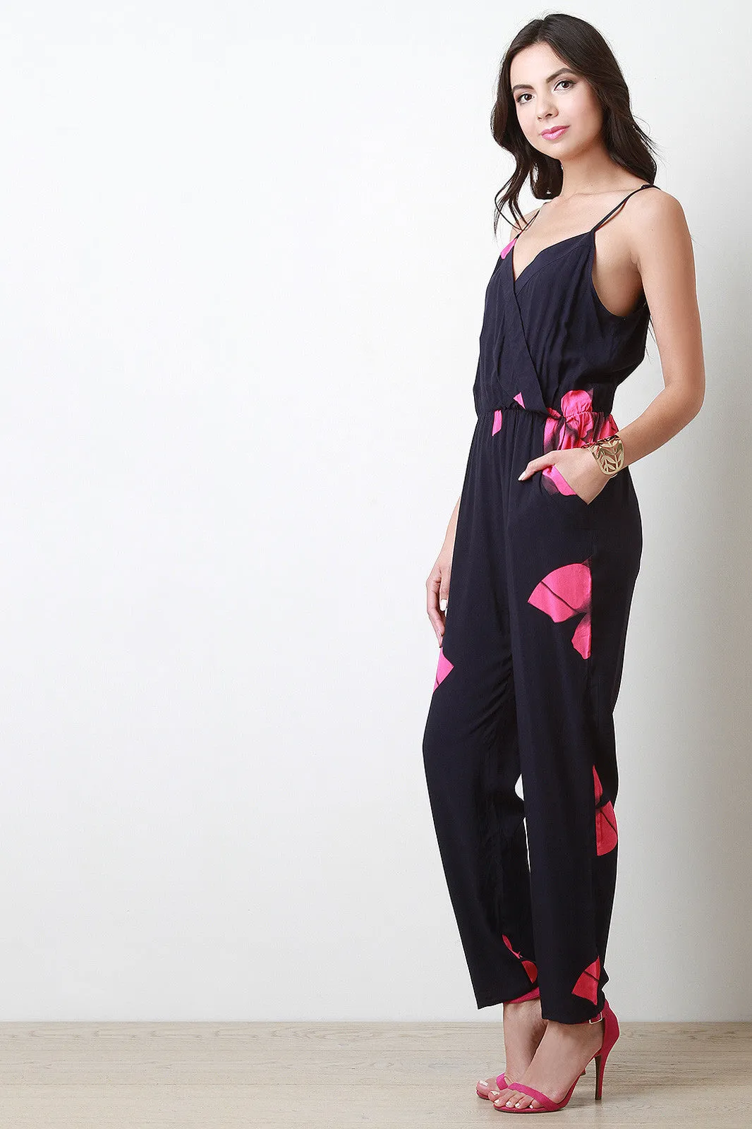 Sleeveless Floral Surplice Jumpsuit