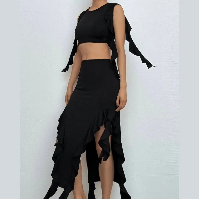 Sleeveless ruffle irregular solid maxi skirt set