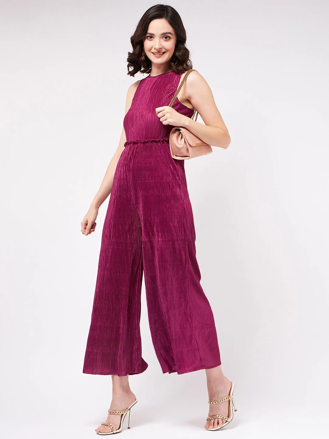 Solid Sleeveless Jumpsuit With Pleated Bottom