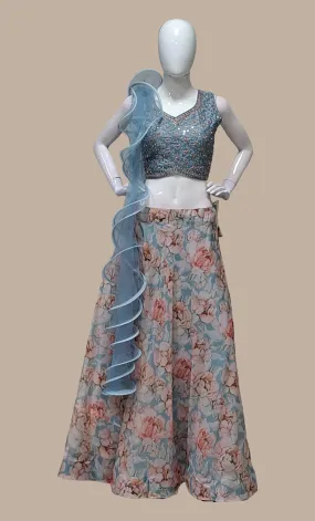 Stone Grey Floral Choli Set