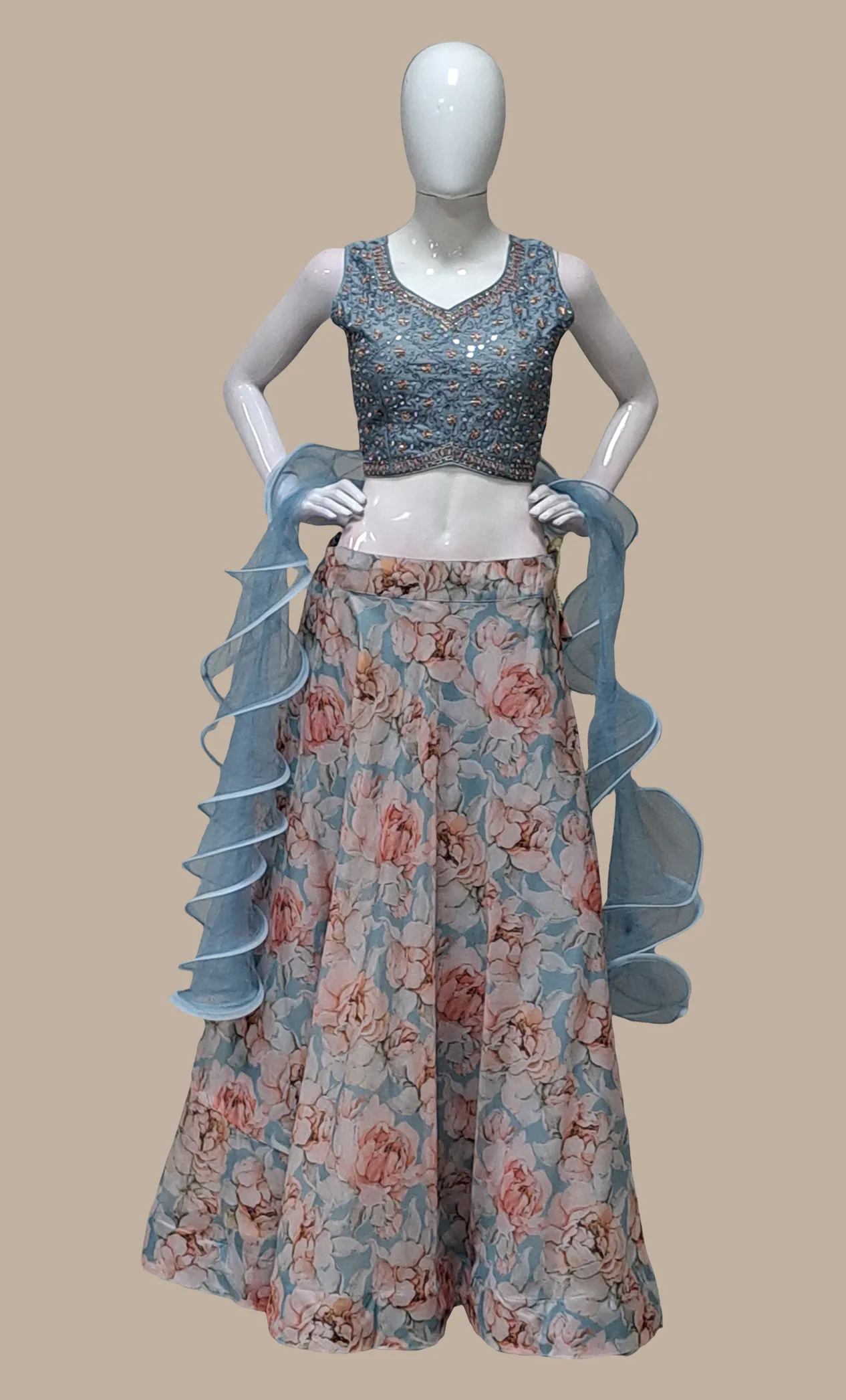 Stone Grey Floral Choli Set