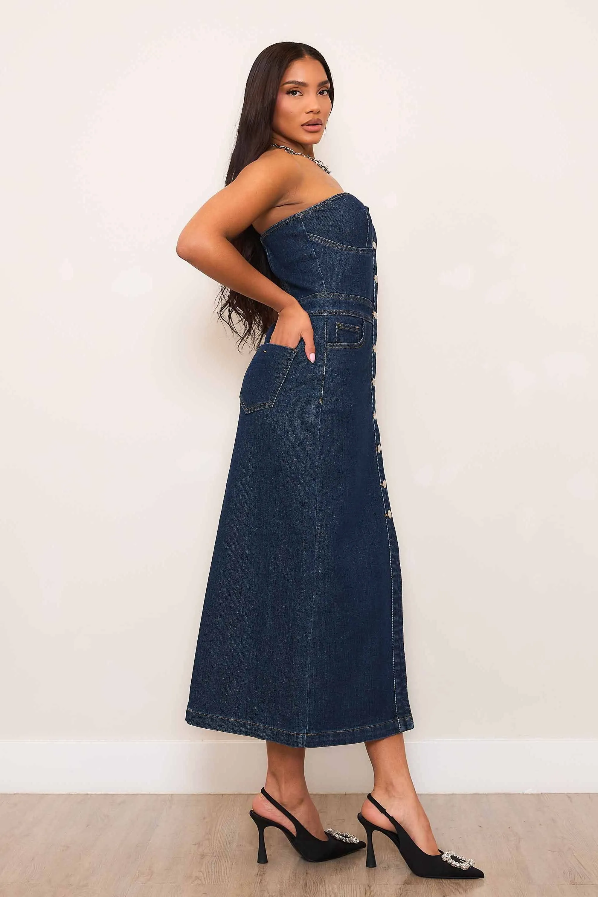 Strapless Denim Midi Dress