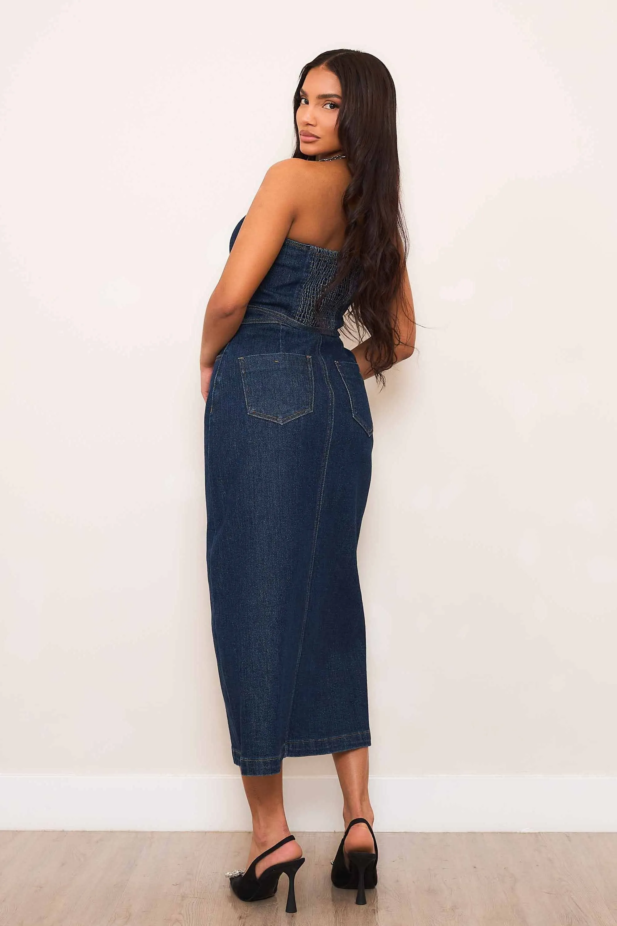 Strapless Denim Midi Dress