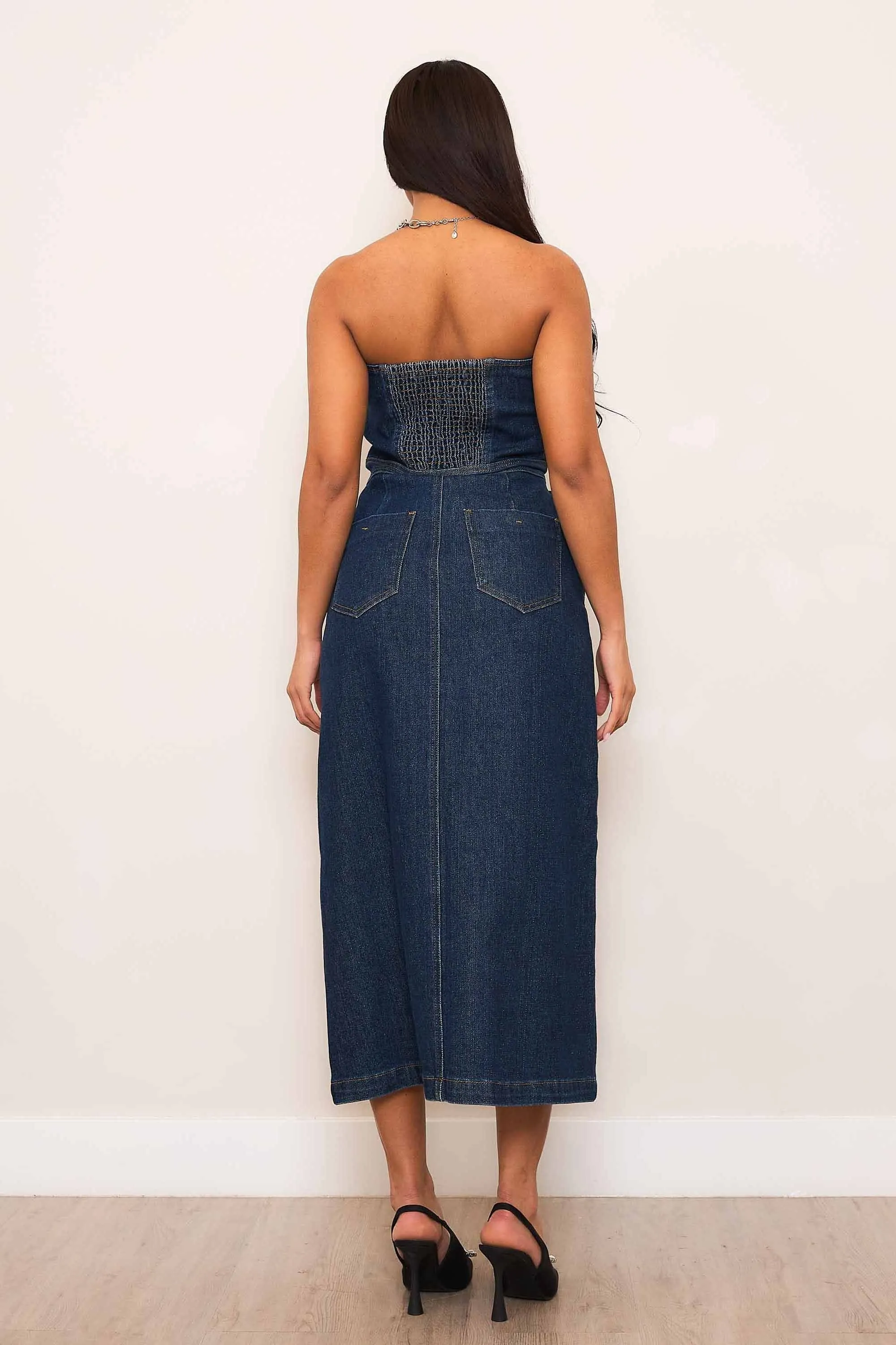 Strapless Denim Midi Dress