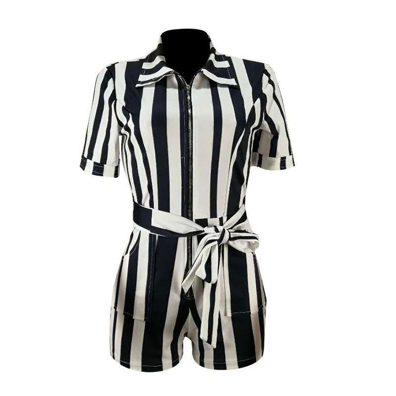 Striped Shorts Women Jumpsuits With Belt