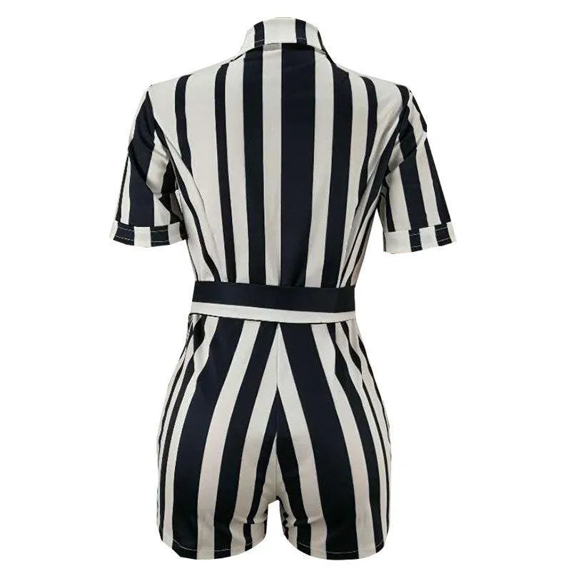 Striped Shorts Women Jumpsuits With Belt