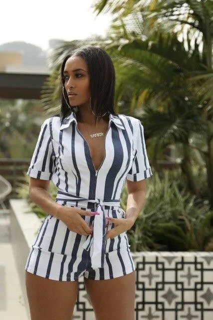 Striped Shorts Women Jumpsuits With Belt