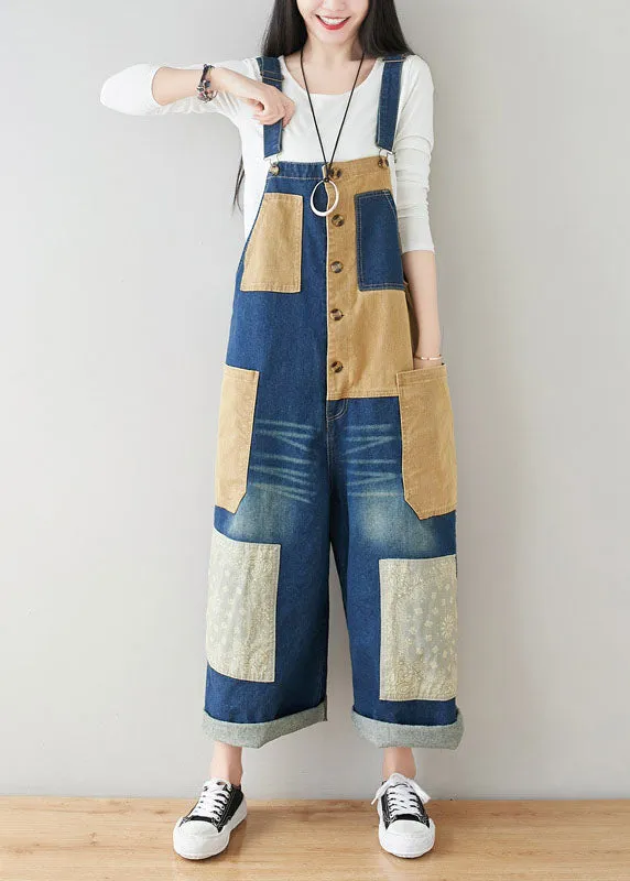 Style dark Blue Pockets Patchwork Cotton denim Jumpsuits Spring