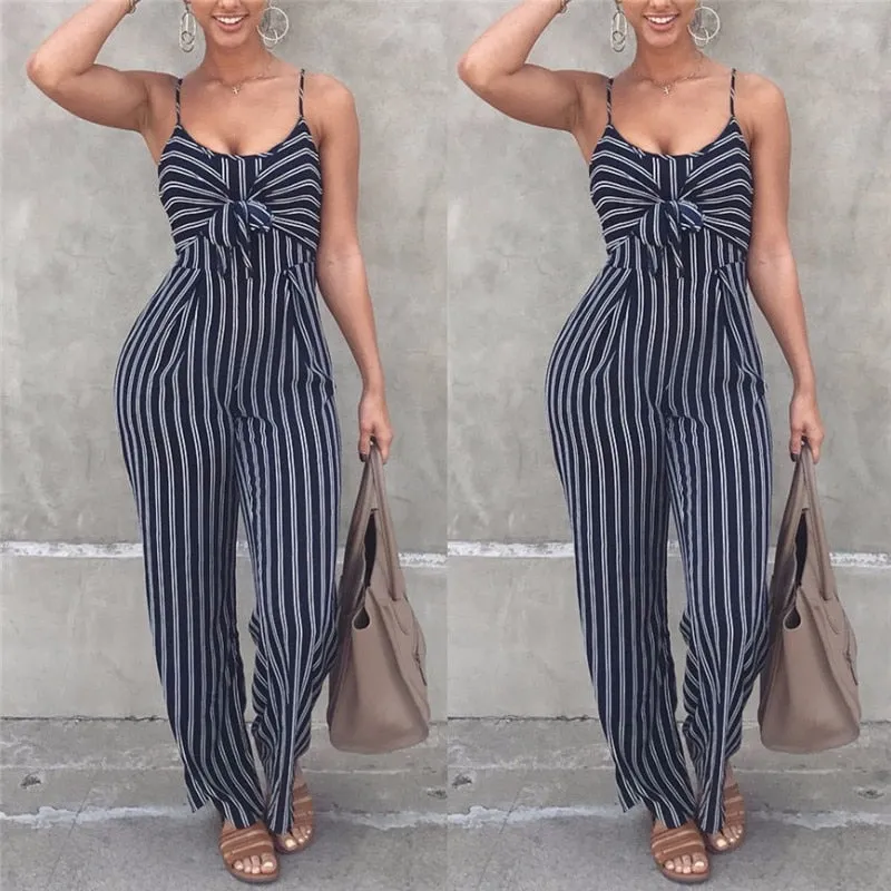 Summer New Blue Bodycon Backless Stripe Jumpsuits Women Sexy Party Clubwear Casual Bowtie Overalls Jumpsuit Plus Size