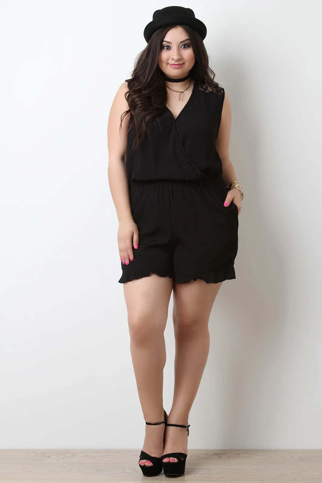 Surplice Ruffle Trim Lace Back Romper