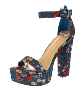 TEAL FLORAL OPEN TOE ANKLE STRAP PLATFORM HEEL