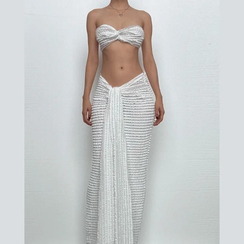 Textured solid ruffle self tie knotted tube maxi skirt set