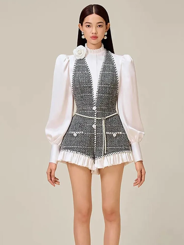 Trendy Patchwork Tweed Playsuit - Autumn Fashion