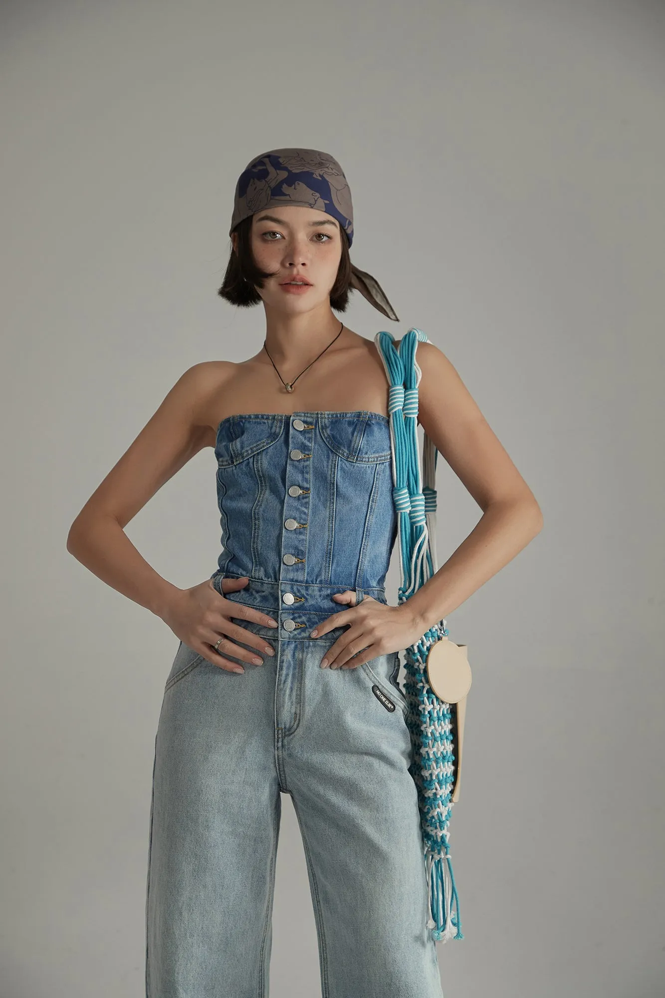 Tube Top Multi Buttons Denim Jumpsuit