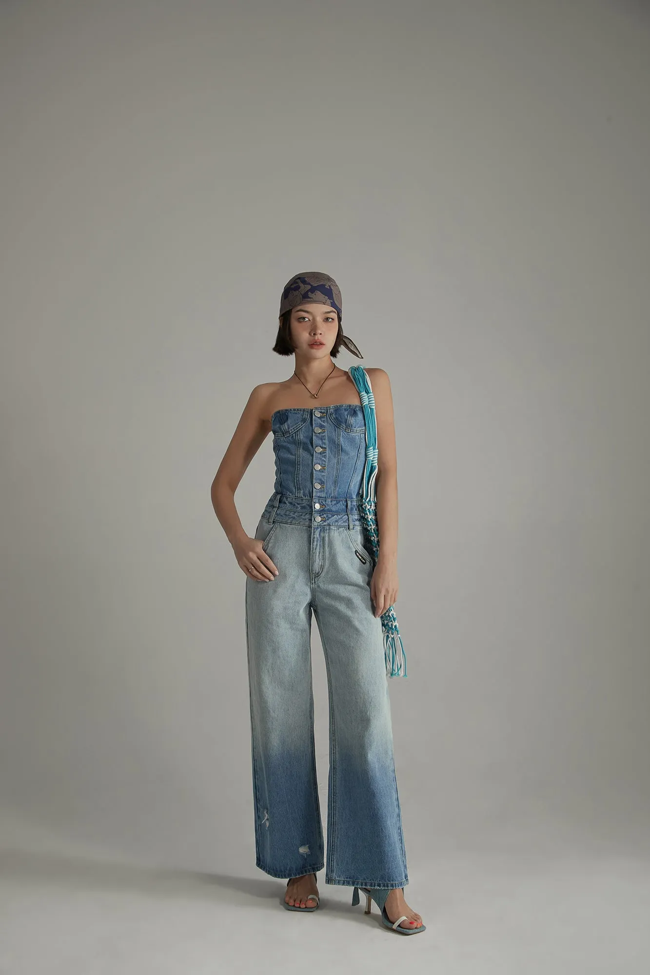 Tube Top Multi Buttons Denim Jumpsuit