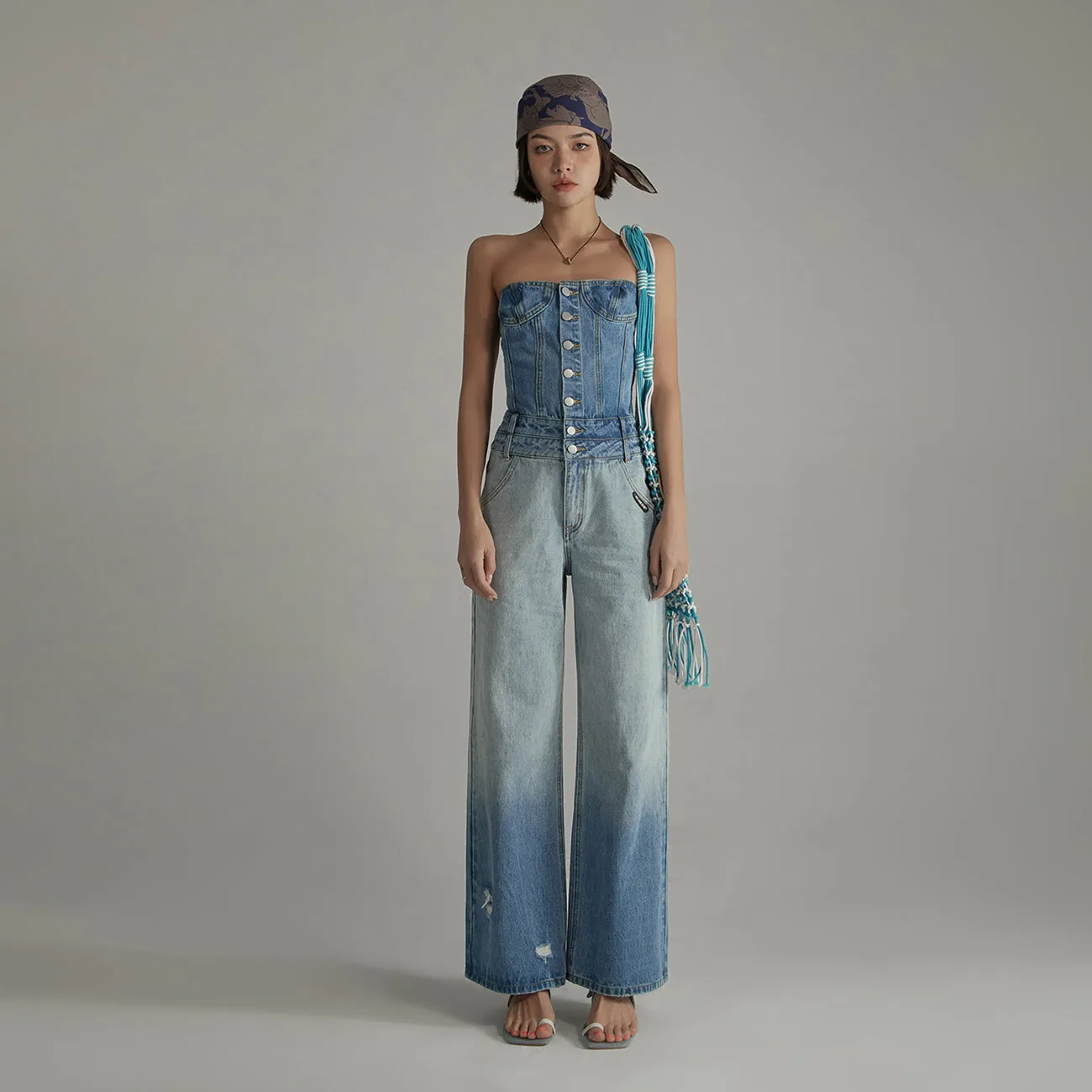 Tube Top Multi Buttons Denim Jumpsuit