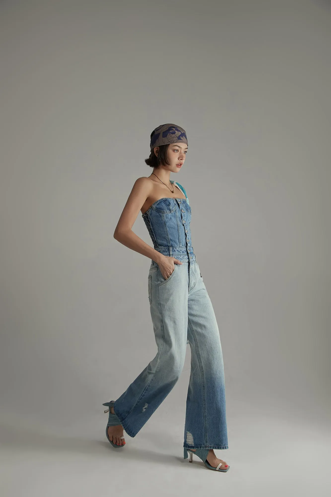 Tube Top Multi Buttons Denim Jumpsuit