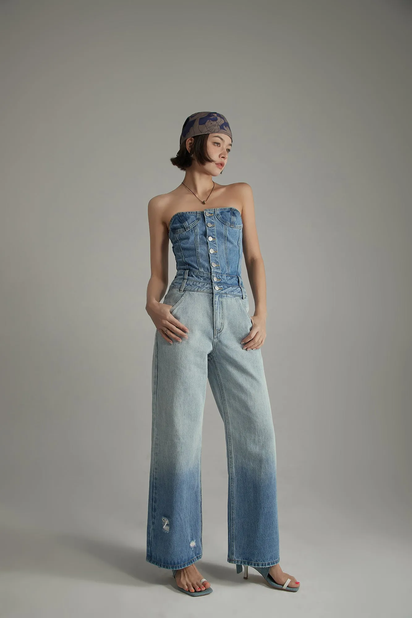 Tube Top Multi Buttons Denim Jumpsuit