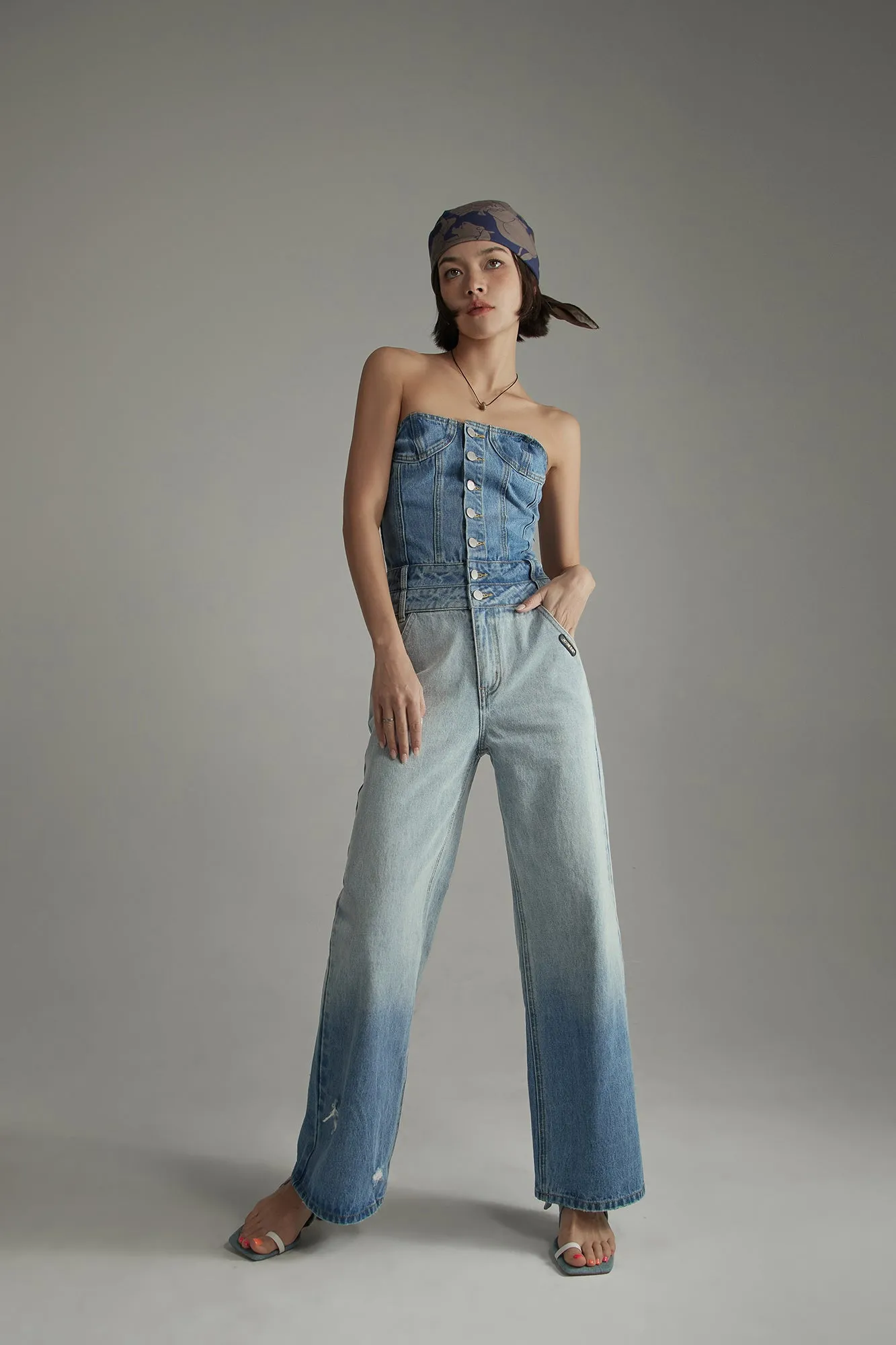 Tube Top Multi Buttons Denim Jumpsuit