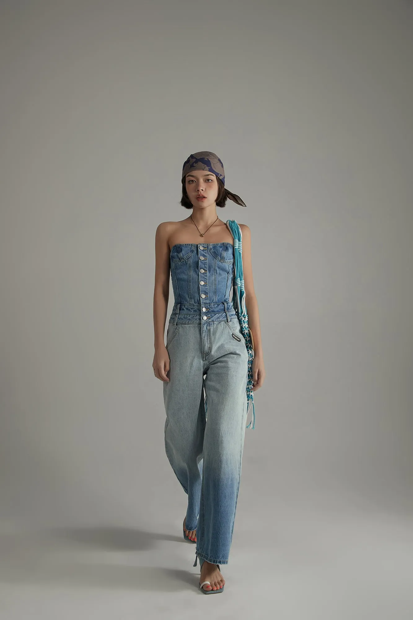 Tube Top Multi Buttons Denim Jumpsuit