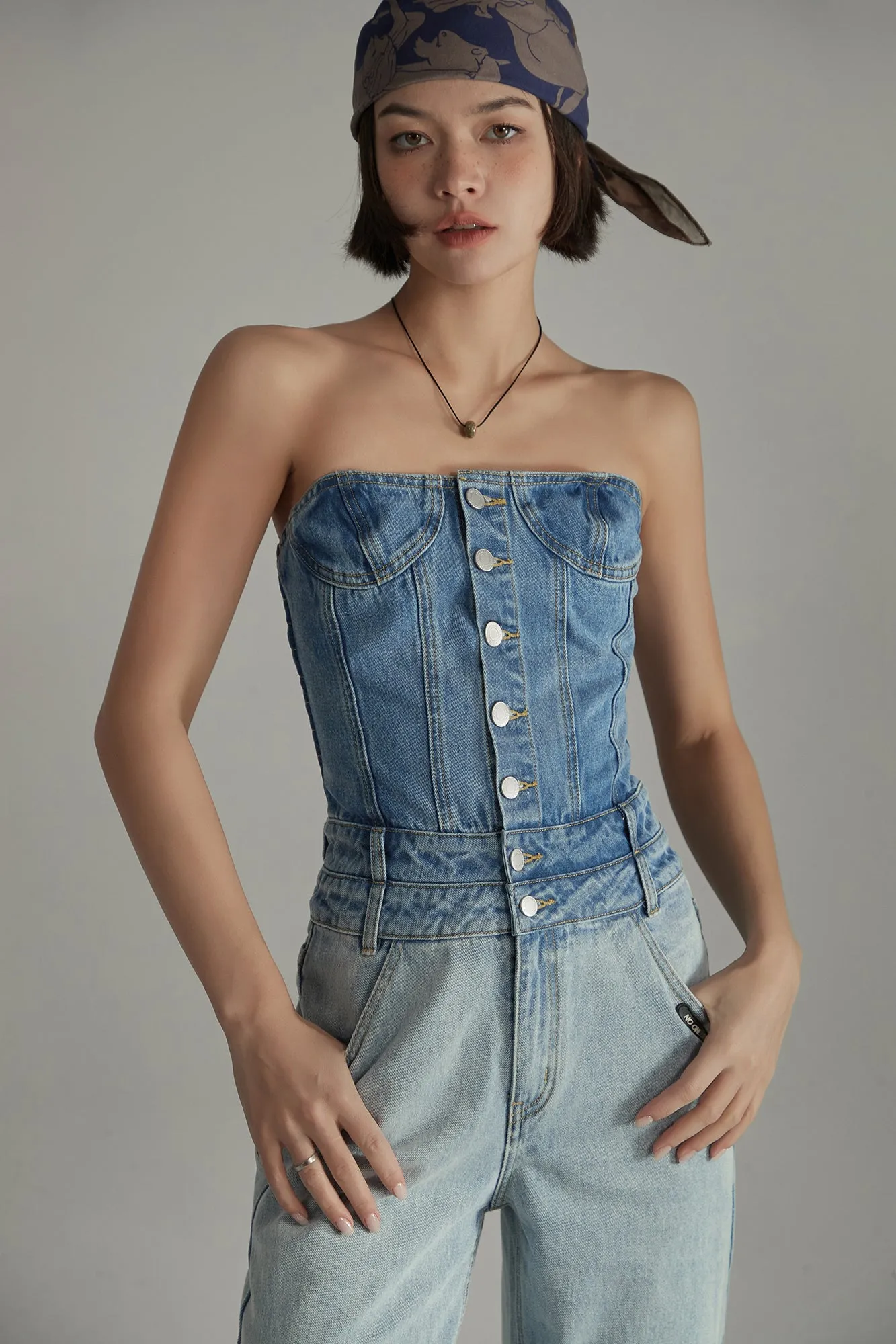 Tube Top Multi Buttons Denim Jumpsuit