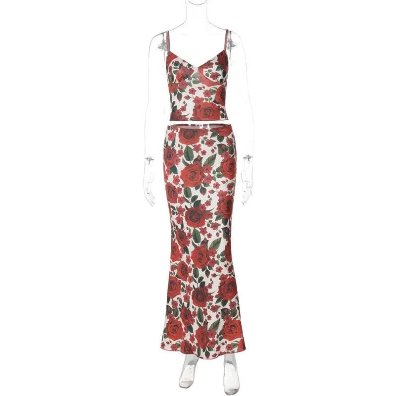 V neck backless flower print cami maxi skirt set