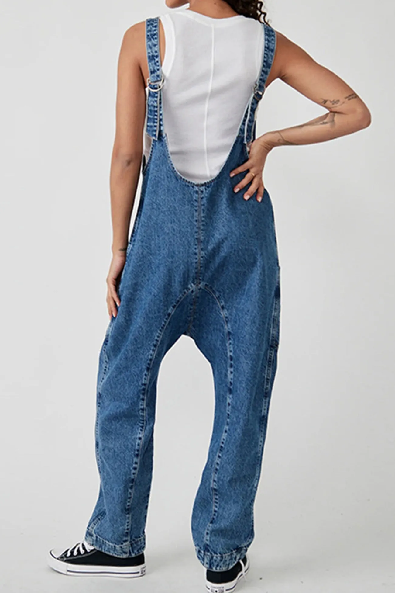 V Neck Pocketed Sleeveless Denim Jumpsuits