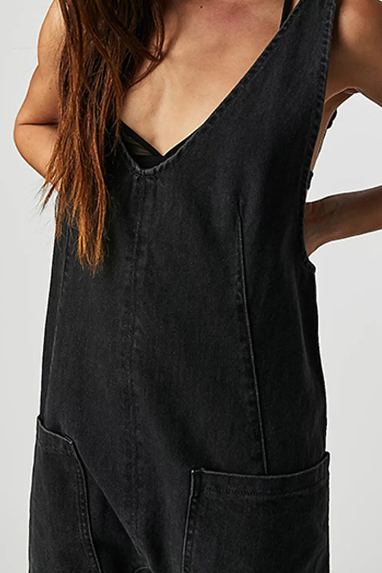 V Neck Pocketed Sleeveless Denim Jumpsuits