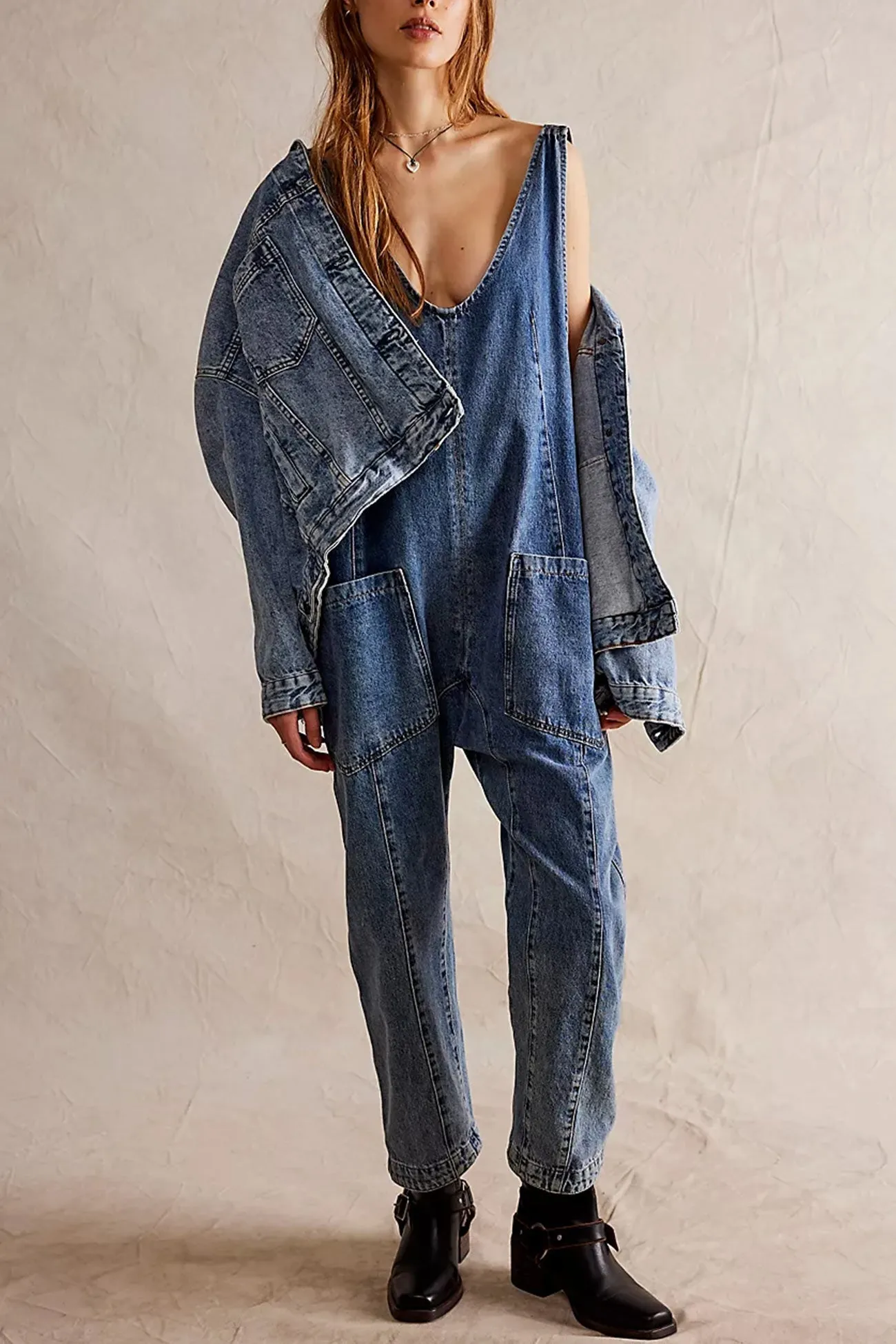 V Neck Pocketed Sleeveless Denim Jumpsuits