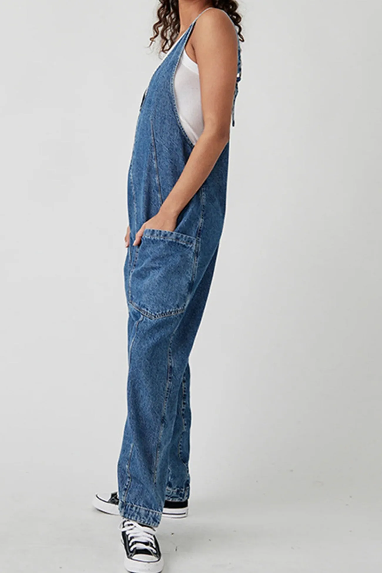 V Neck Pocketed Sleeveless Denim Jumpsuits