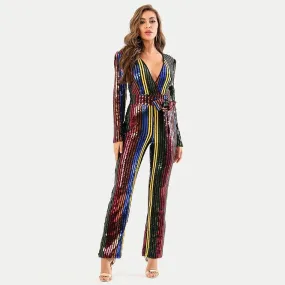 V-Neck Sequins Party Jumpsuits For Women