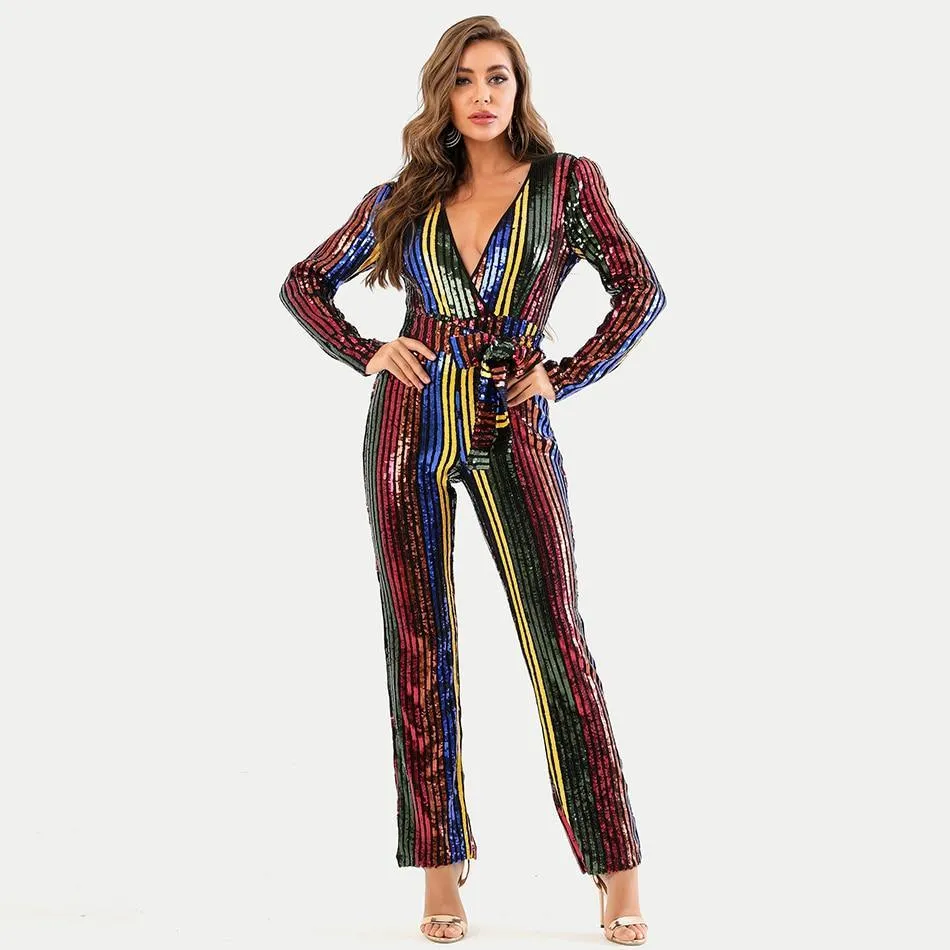 V-Neck Sequins Party Jumpsuits For Women