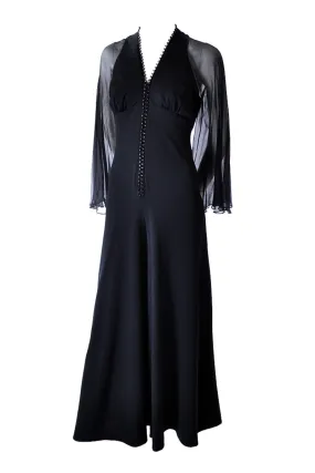 Vintage 1970s Black Jumpsuit with Sheer Sleeves and Rhinestones