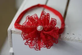 Vintage Lace Flower Headband Red