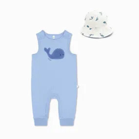 Whale Ribbed Overalls & Hat Set