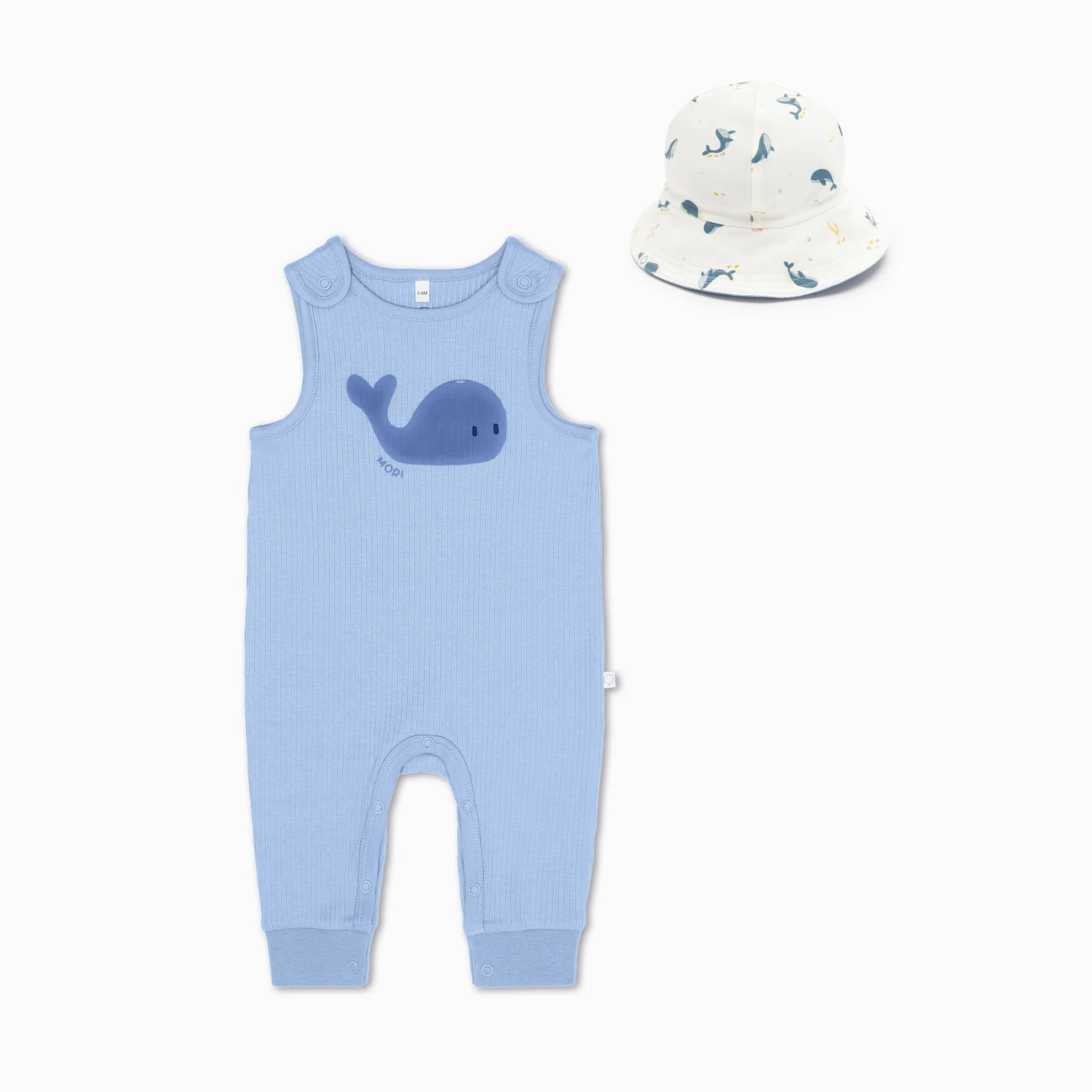 Whale Ribbed Overalls & Hat Set