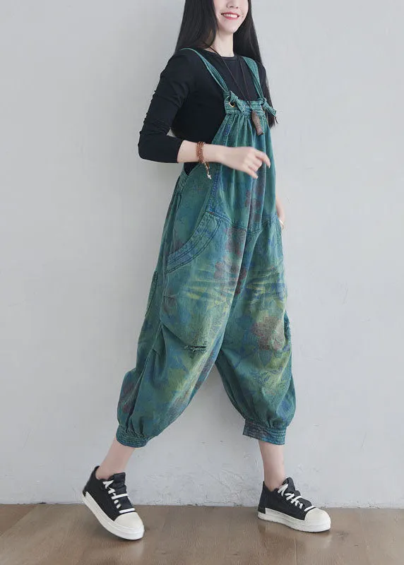 Women Blue pockets Print denim Jumpsuits Spring