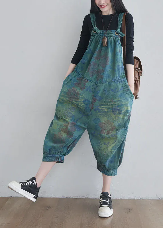 Women Blue pockets Print denim Jumpsuits Spring