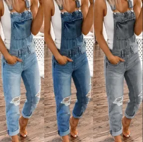 Women Denim Jumpsuit Ripped Holes Jeans Sleeveless Jumpsuits